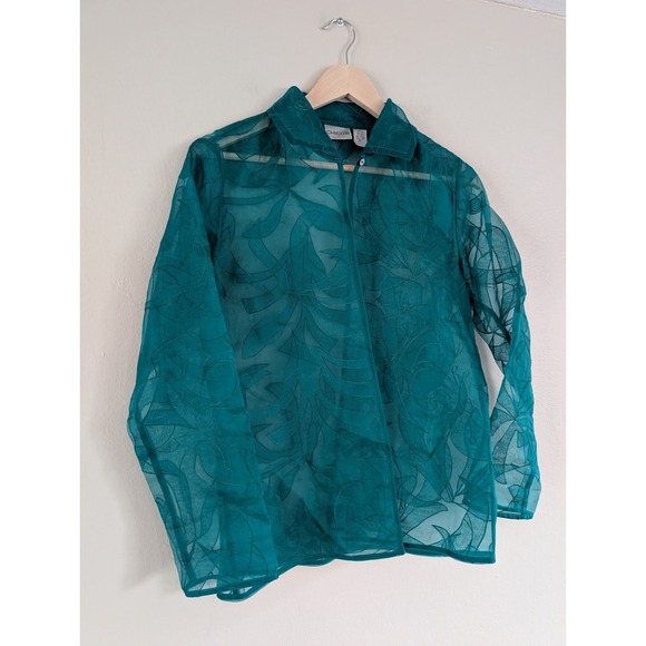 Chico's 100% Silk Organza Burnout Collared Single Button Top Floral Sz 0/S - Picture 4 of 8